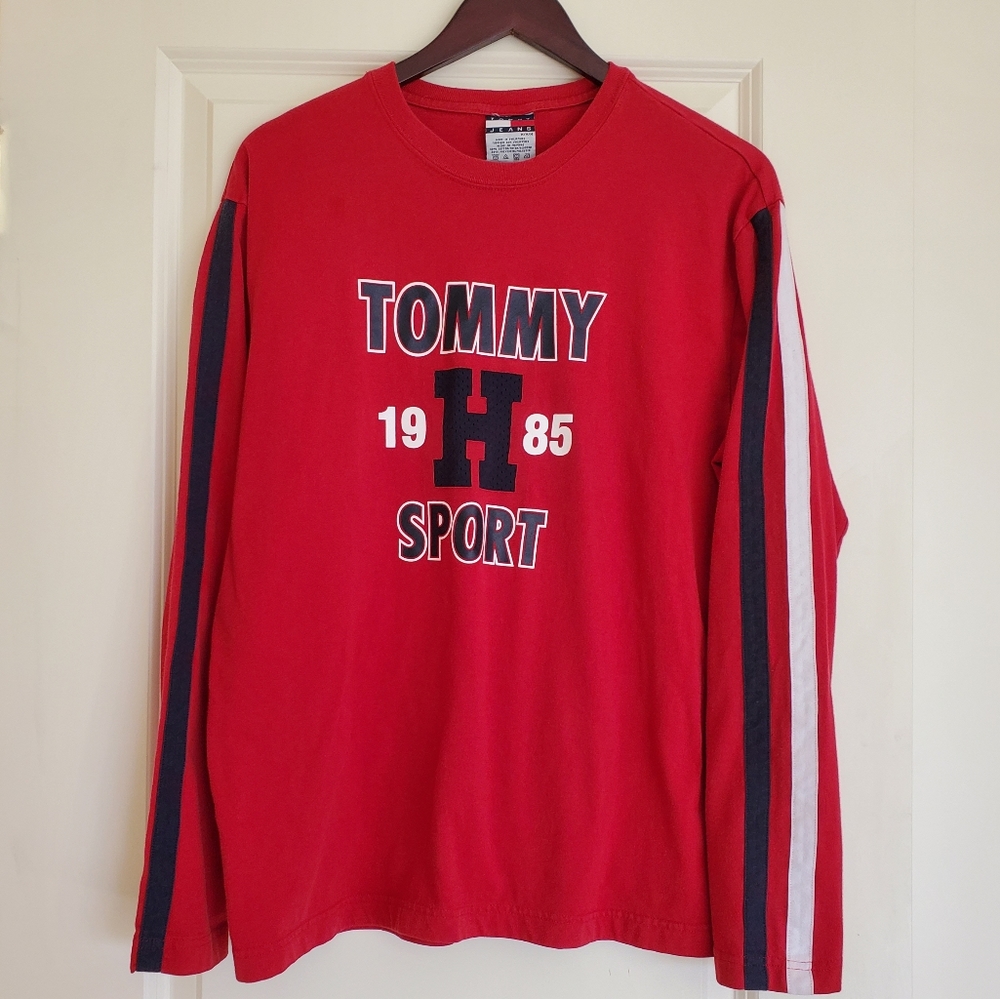 VTG Tommy Hilfiger Sport Spell Out Men's Medium Red Long Sleeve T-Shirt Y2K